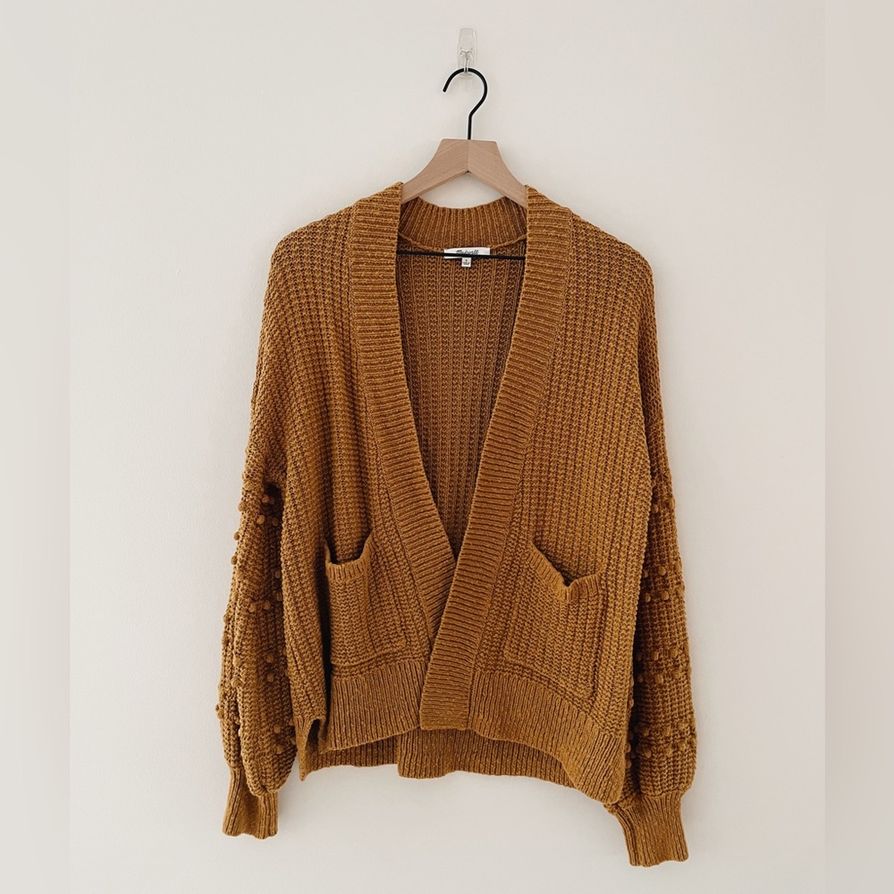 Madewell Mustard Yellow Bobble Pom Pom Ribbed Open Knit Cardigan Sweater